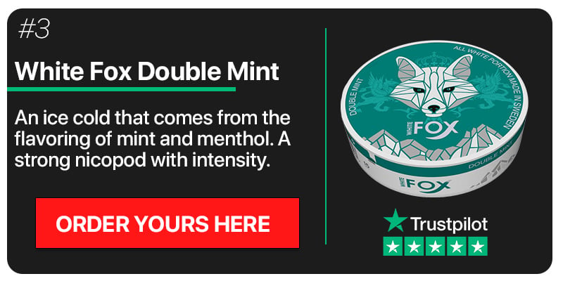 Image with white fox double mint can and trust pilot reviews with information and button to order