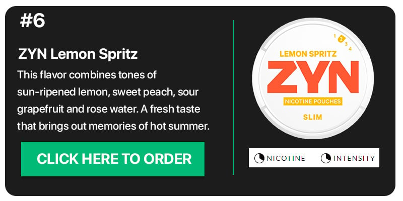 Image reviewing ZYN Lemon Spritz and a button to order the #6 flavor