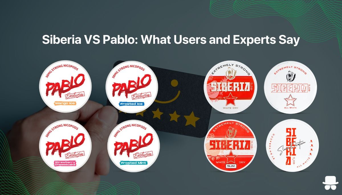 image with siberia snus and pablo snus flavors with a review card of user experience