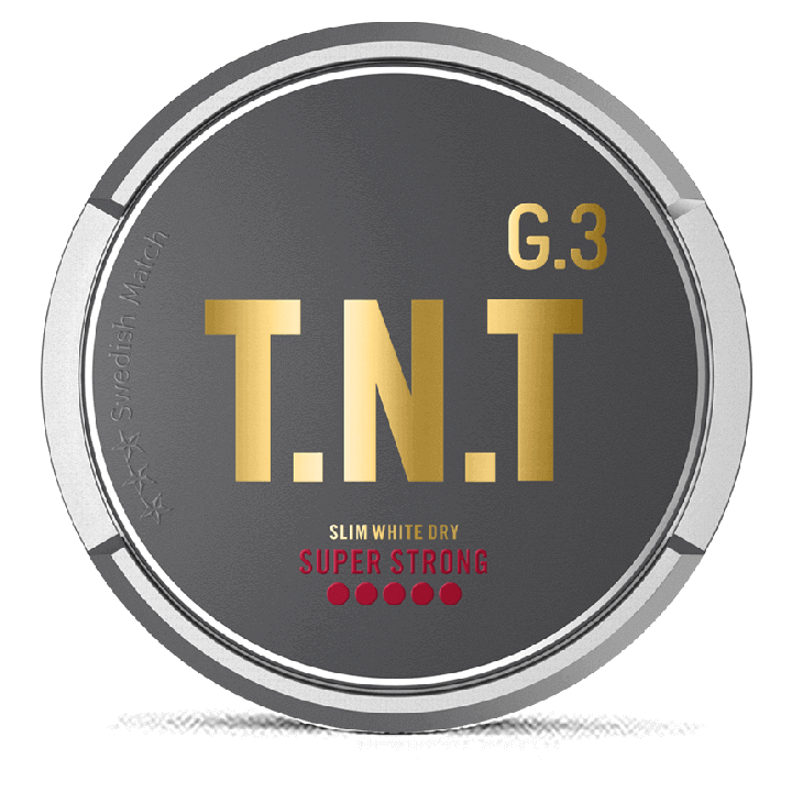 G.3 T.N.T Slim White Dry Super Strong snus can at Snusdaddy.com